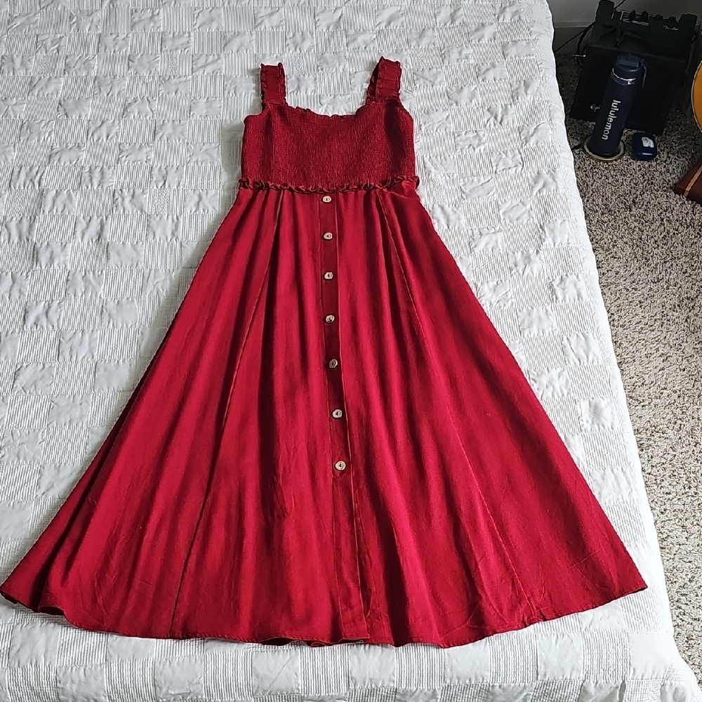 Blu Pepper Red Smocked Button-Front Maxi Dress for Women